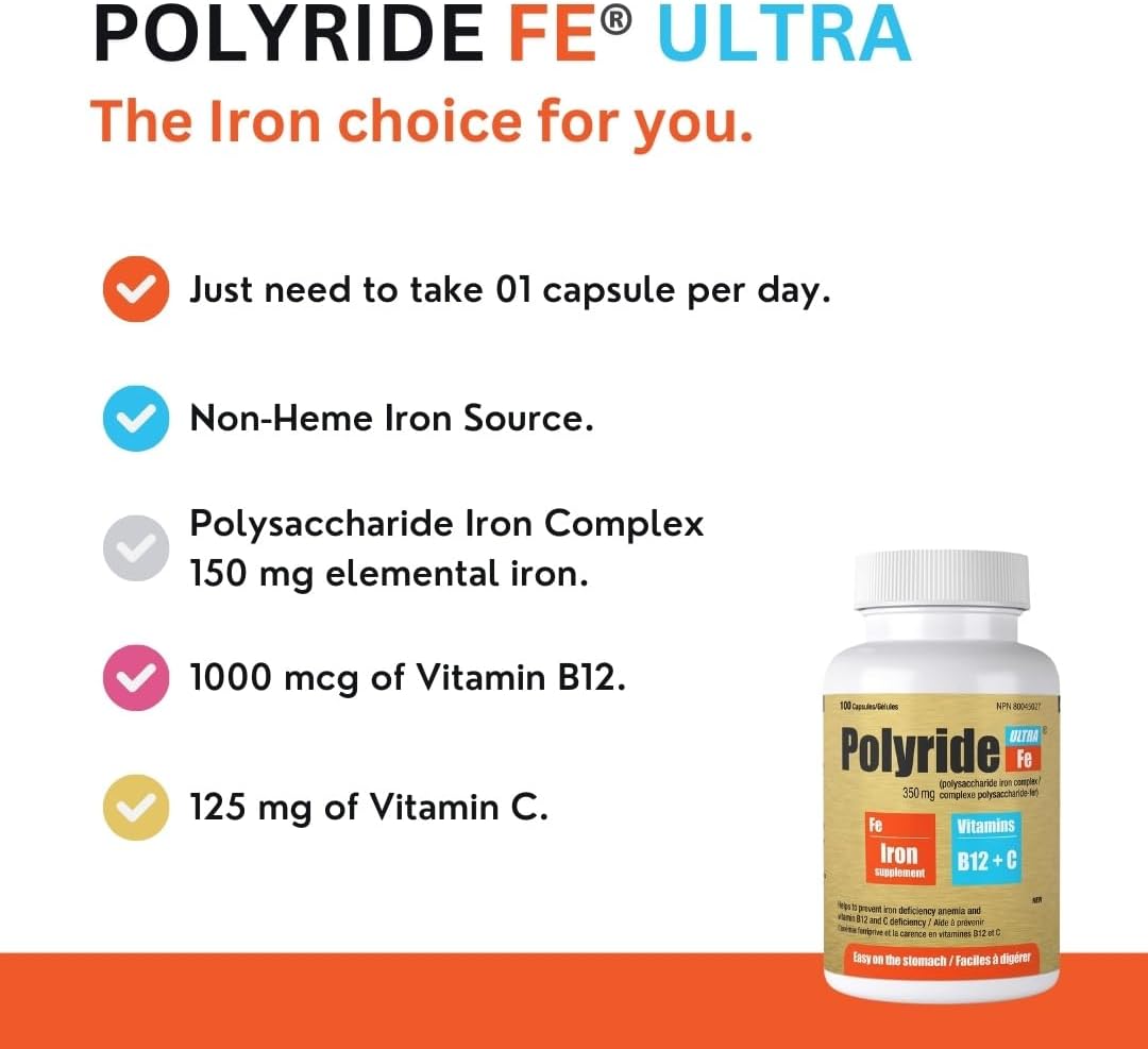 Iron Supplement Complex with Vitamin C & B12 for Energy Support - 30 Capsules - Treat Iron Deficiency Anemia - 350mg Polysaccharide Iron - POLYRIDE FE Ultra