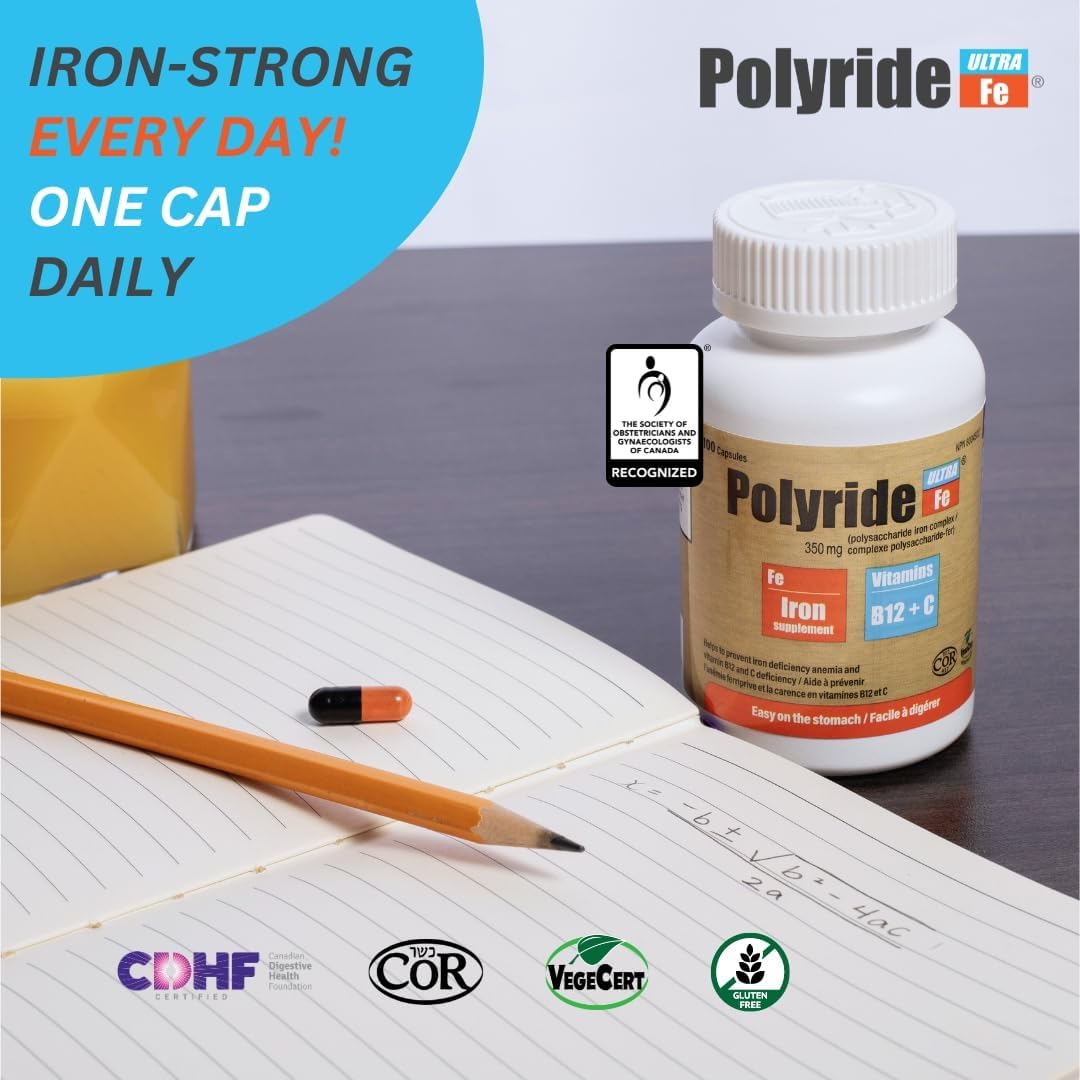 Iron Supplement Complex with Vitamin C & B12 for Energy Support - 30 Capsules - Treat Iron Deficiency Anemia - 350mg Polysaccharide Iron - POLYRIDE FE Ultra