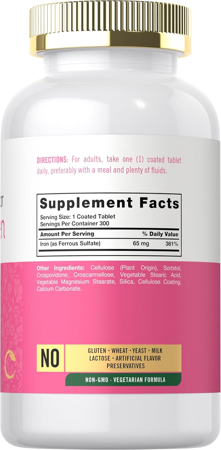 Iron Supplement for Women - 65mg | 300 Coated Tablets - Vegetarian, Non-GMO, Gluten Free