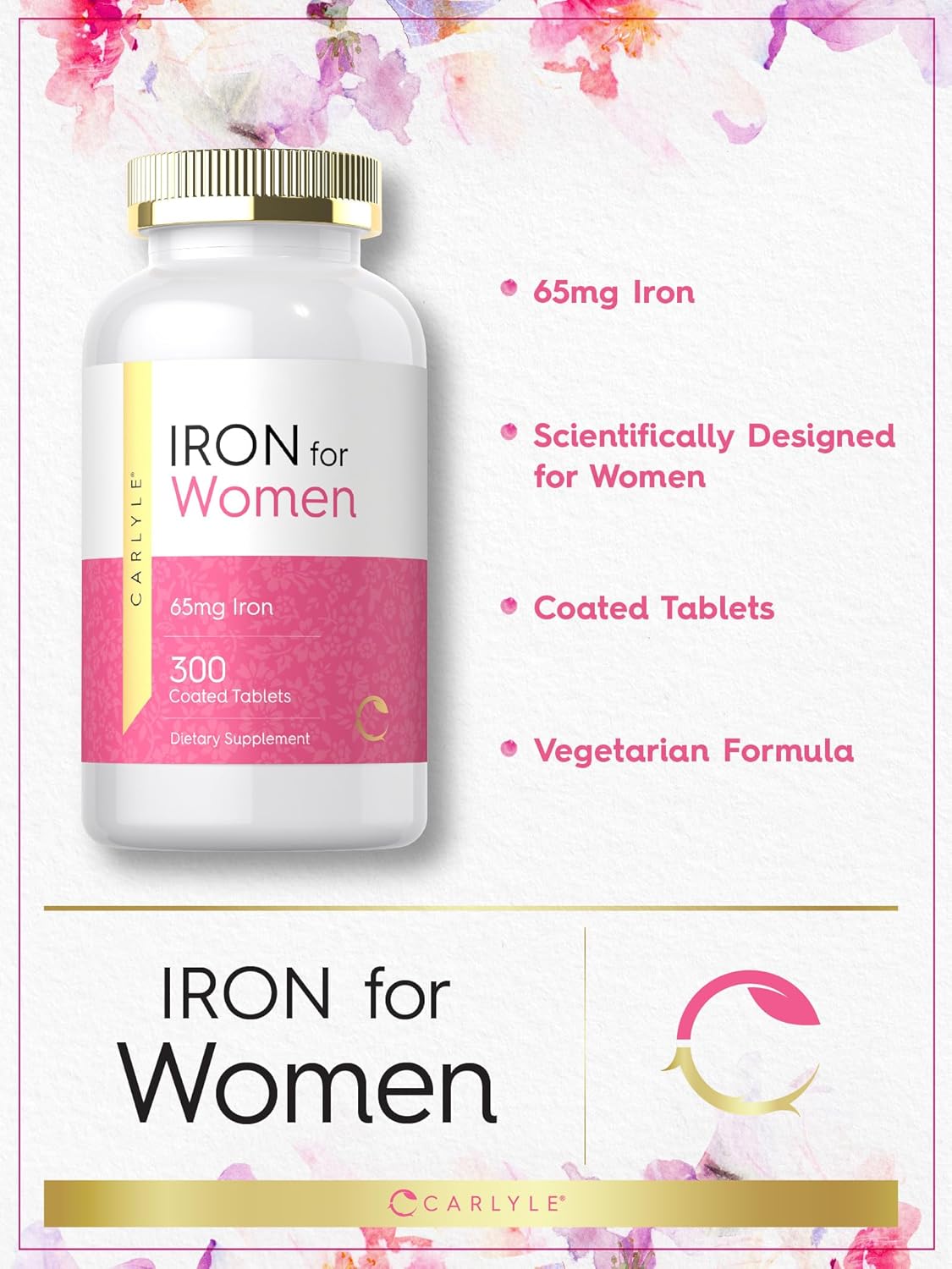 Iron Supplement for Women - 65mg | 300 Coated Tablets - Vegetarian, Non-GMO, Gluten Free