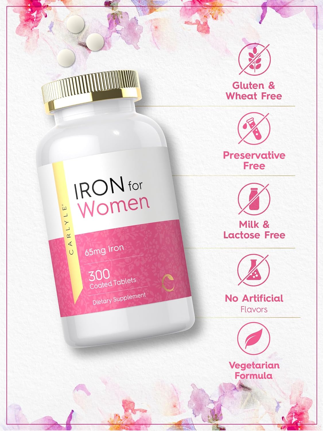 Iron Supplement for Women - 65mg | 300 Coated Tablets - Vegetarian, Non-GMO, Gluten Free