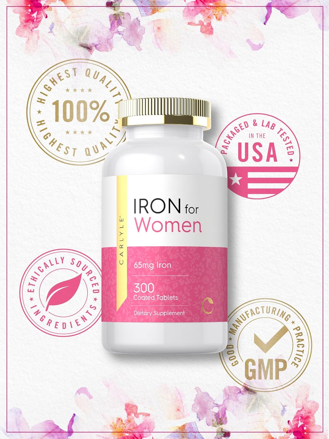 Iron Supplement for Women - 65mg | 300 Coated Tablets - Vegetarian, Non-GMO, Gluten Free