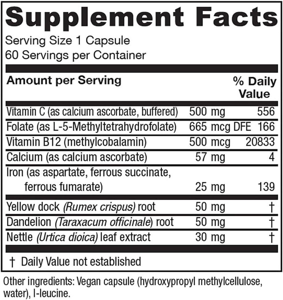 Iron Supplement with Vitamin C for Enhanced Absorption, Methylfolate, B12, Calcium, Yellow Dock, Dandelion Root & Nettle Leaf - Vegan - 60 Capsules
