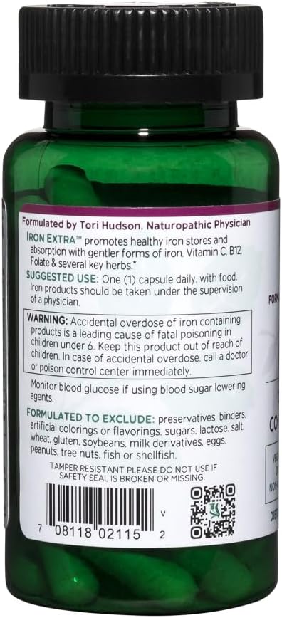 Iron Supplement with Vitamin C for Enhanced Absorption, Methylfolate, B12, Calcium, Yellow Dock, Dandelion Root & Nettle Leaf - Vegan - 60 Capsules