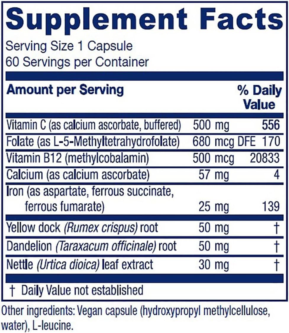 Iron Supplement with Vitamin C, Methylfolate, B12, Calcium, Yellow Dock, Dandelion & Nettle Leaf - 60 Vegan Capsules