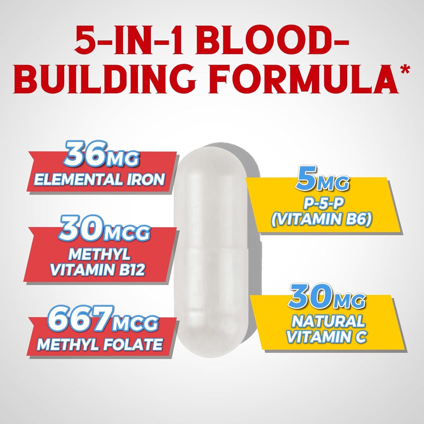 Iron Supplement with Vitamins C, B6, B12 & Folate - Energy Support, Non-GMO, Stomach Friendly - 60 Vegan Capsules