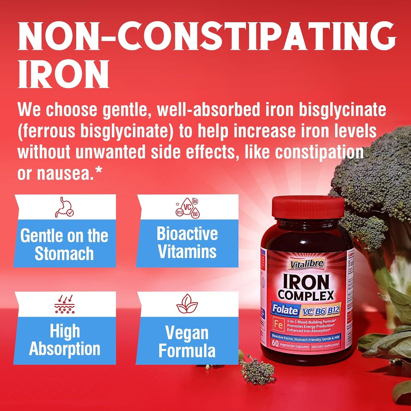 Iron Supplement with Vitamins C, B6, B12 & Folate - Energy Support, Non-GMO, Stomach Friendly - 60 Vegan Capsules