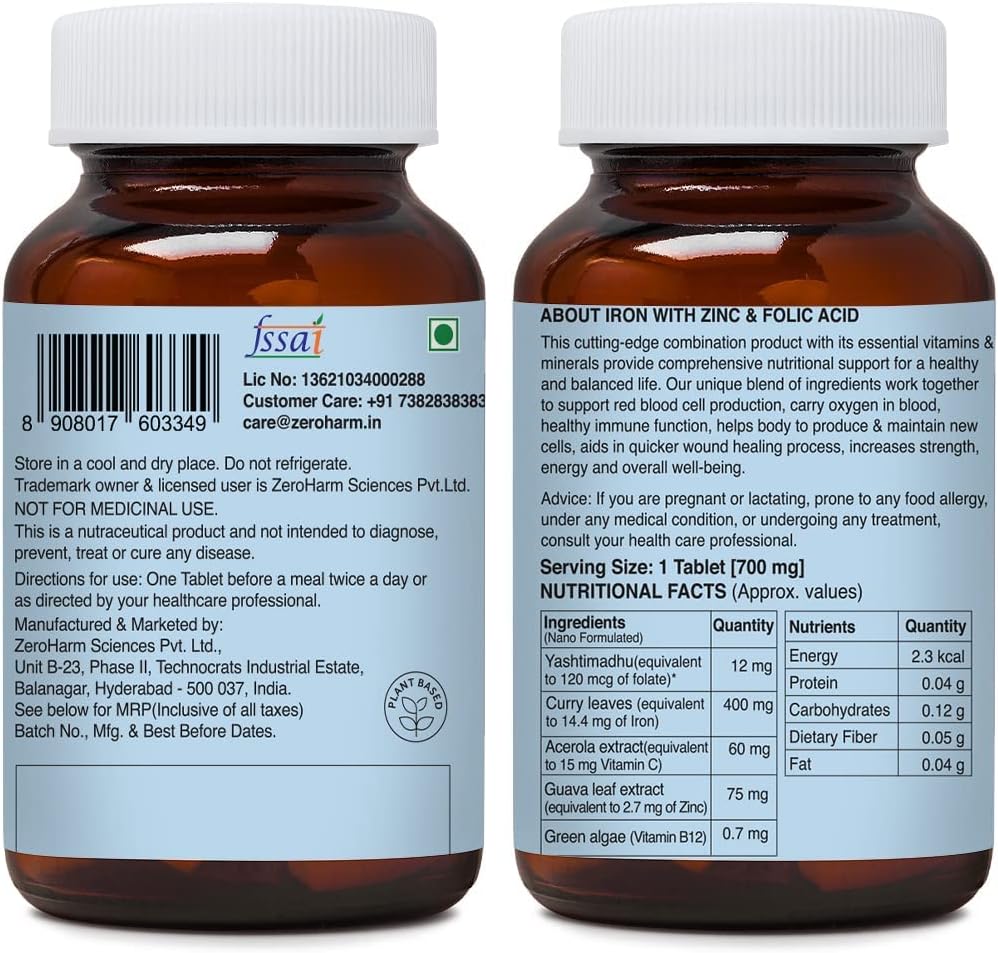 Iron Supplement with Zinc and Folic Acid for Overall Wellness - 60 Tablets