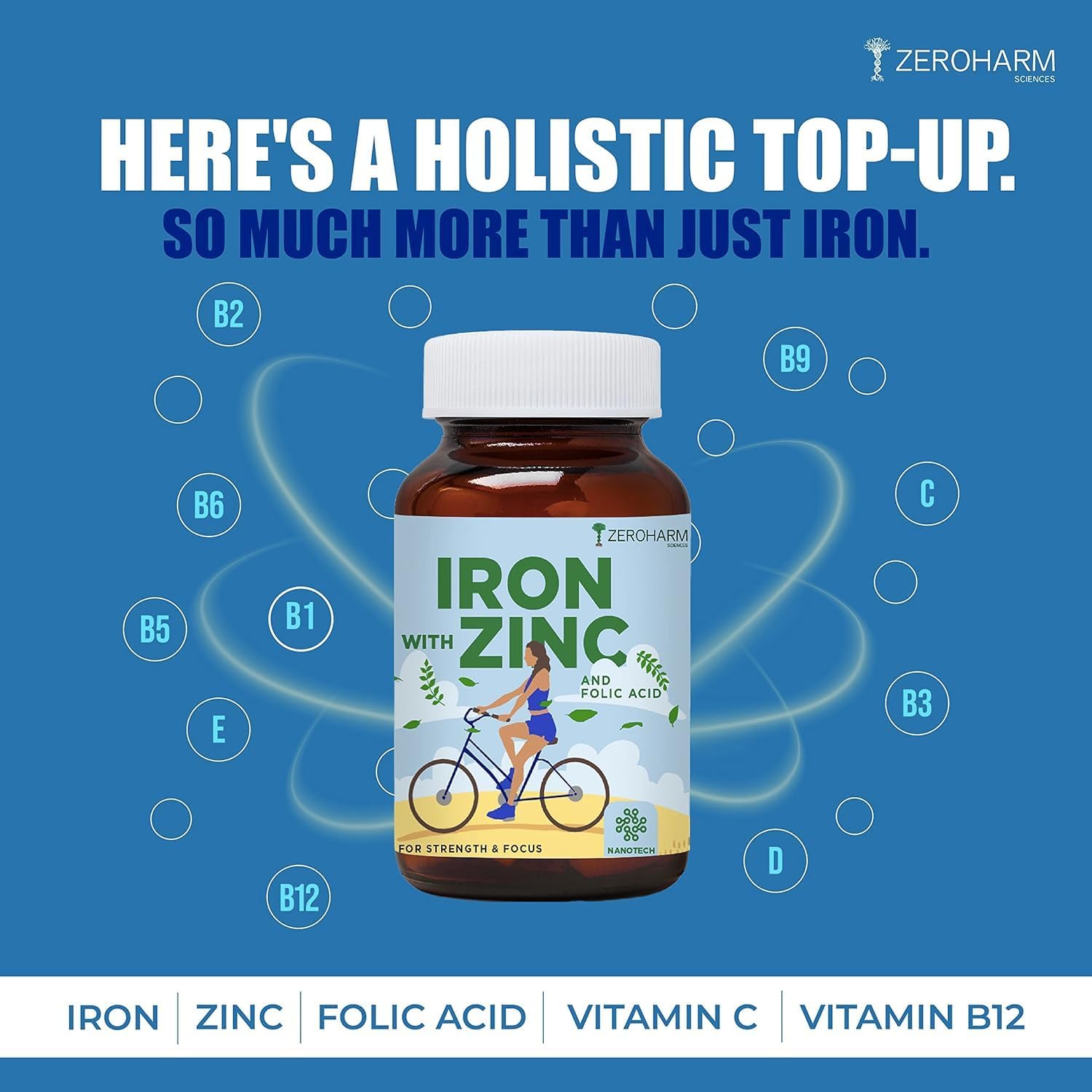 Iron Supplement with Zinc and Folic Acid for Overall Wellness - 60 Tablets