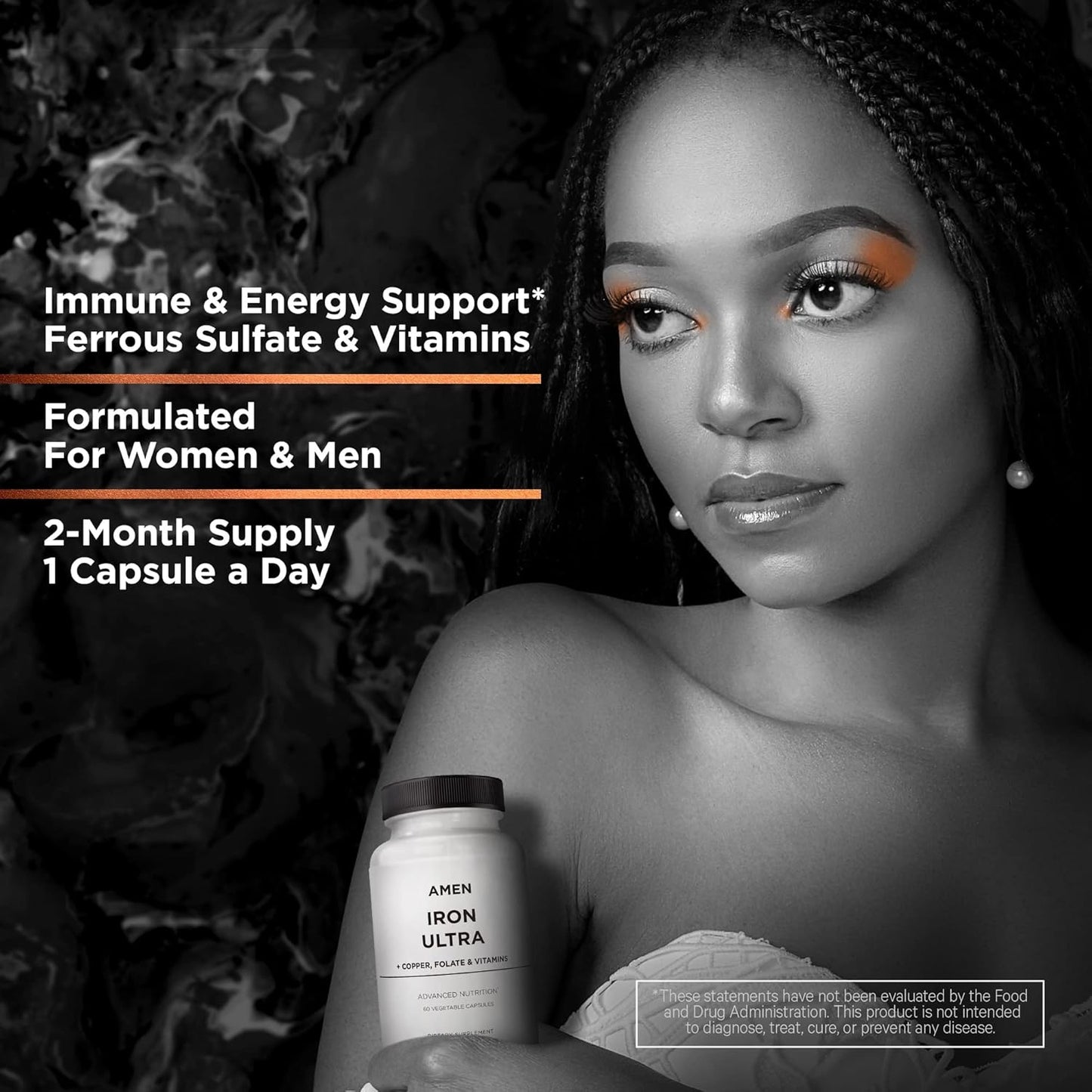 Iron Ultra Supplement with Copper, Folate, Vitamin C, and B12 - 2-Month Supply - 65mg Iron Per Serving - Non-GMO Iron Pills - 60 Capsules