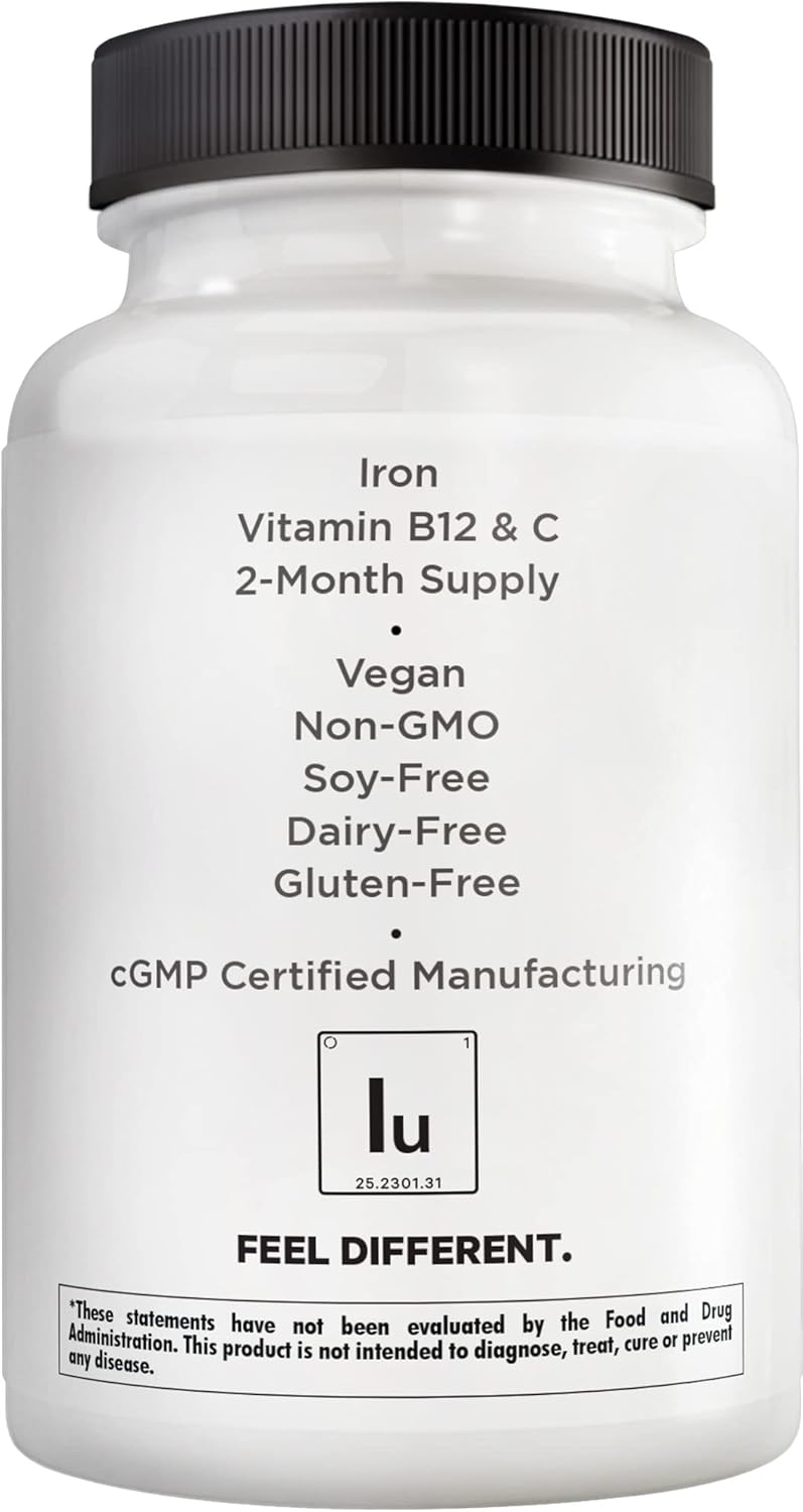 Iron Ultra Supplement with Copper, Folate, Vitamin C, and B12 - 2-Month Supply - 65mg Iron Per Serving - Non-GMO Iron Pills - 60 Capsules
