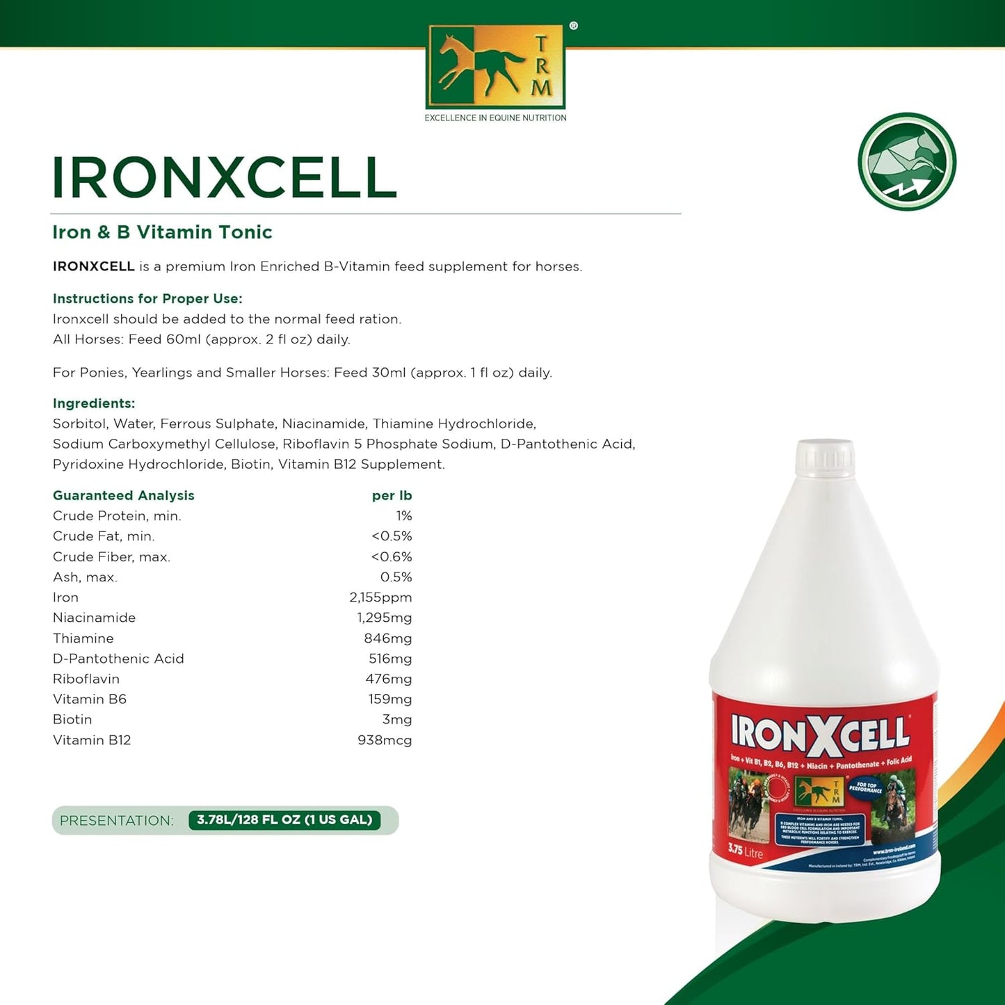 IronXcell Liquid Horse Feed Supplement for Enhanced Metabolism, Hindgut Health, and Performance - 126 fl oz/1 US Gal