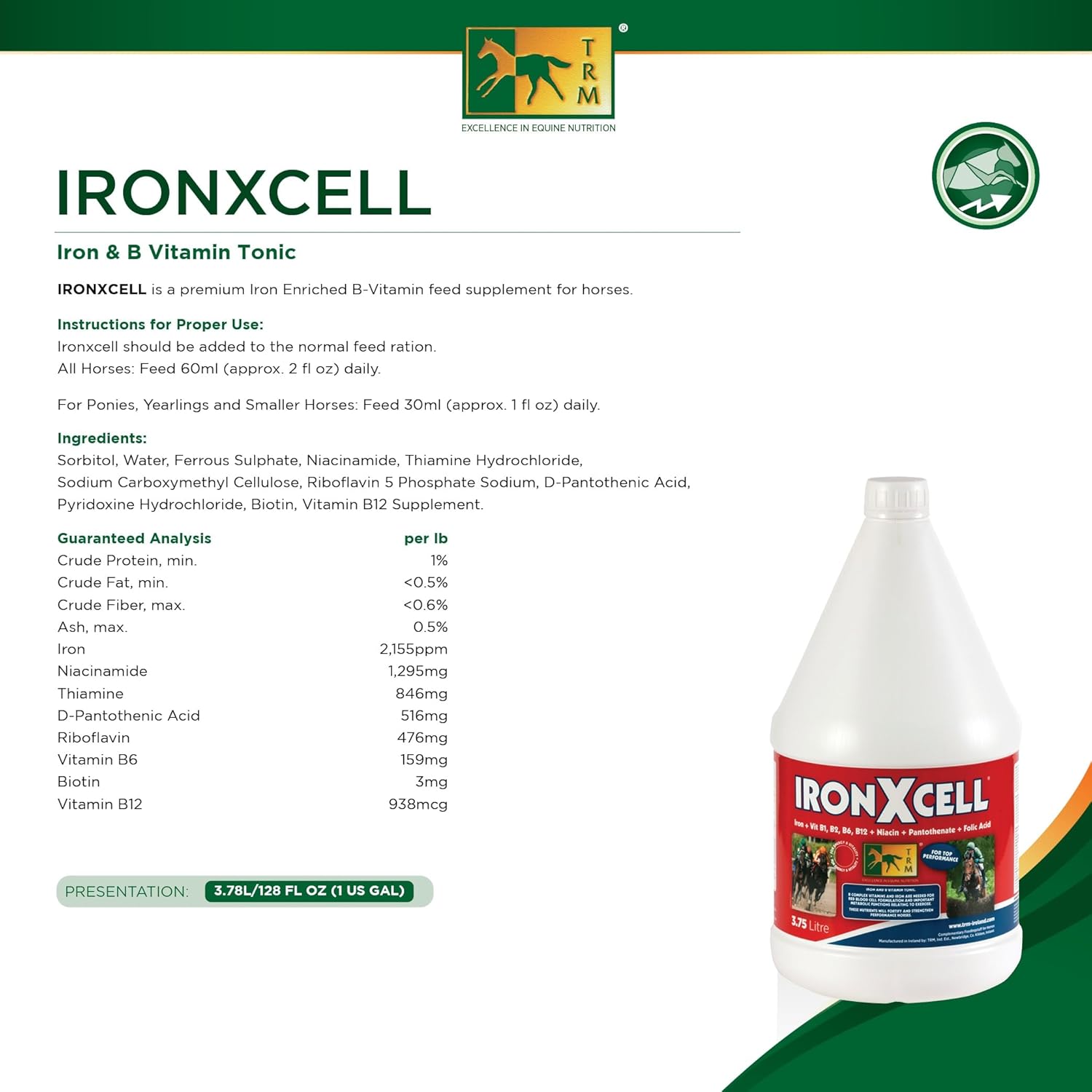 IronXcell Liquid Horse Feed Supplement for Enhanced Metabolism, Hindgut Health, and Performance - 126 fl oz/1 US Gal