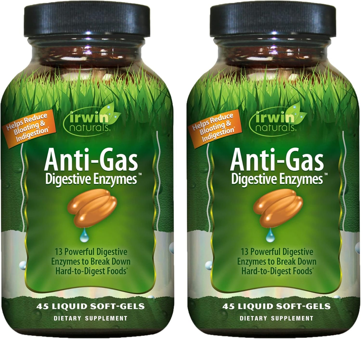 Irwin Naturals Anti-Gas Digestive Enzymes - 90 Liquid Soft-Gels for Food Breakdown & Bloating Relief - Pack of 2