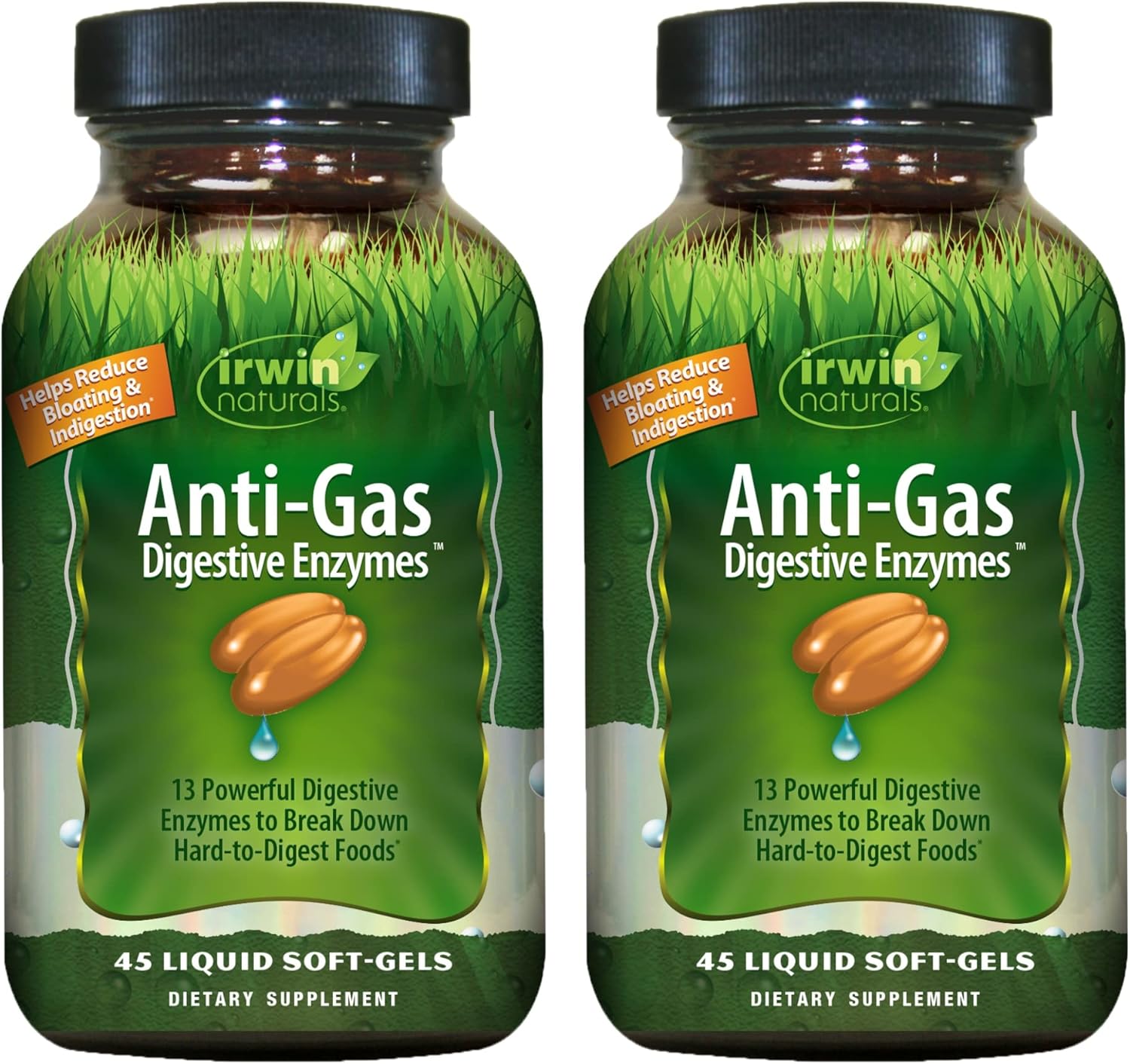 Irwin Naturals Anti-Gas Digestive Enzymes - 90 Liquid Soft-Gels for Food Breakdown & Bloating Relief - Pack of 2
