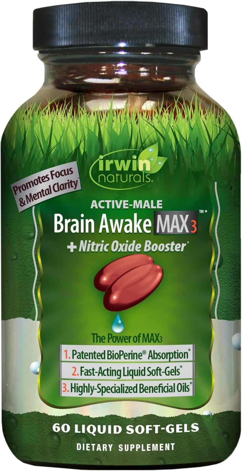 Irwin Naturals Brain Awake Max3 + Nitric Oxide Booster - 60 Count - Enhance Brain Health & Performance - 20 Servings