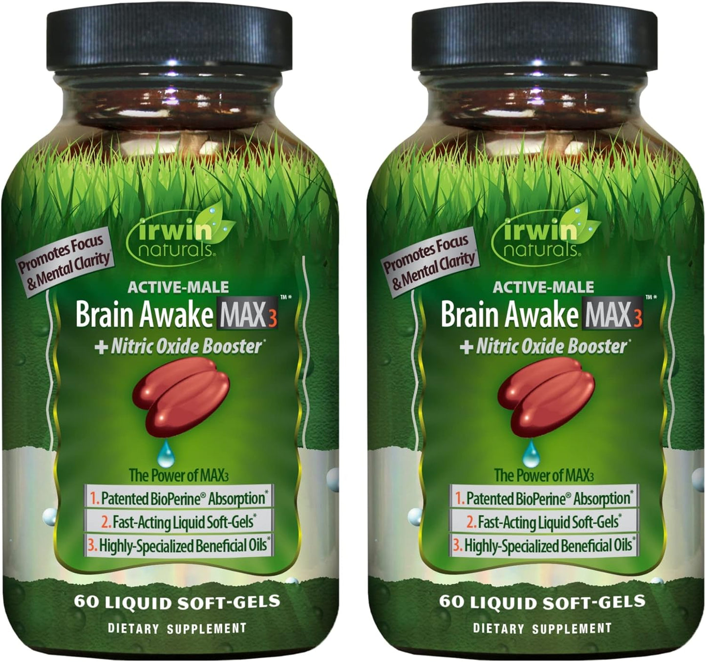 Irwin Naturals Brain Awake Max3 + Nitric Oxide Booster - 2 Packs of 60 Liquid Soft-Gels - Enhance Brain Health & Performance - 40 Servings
