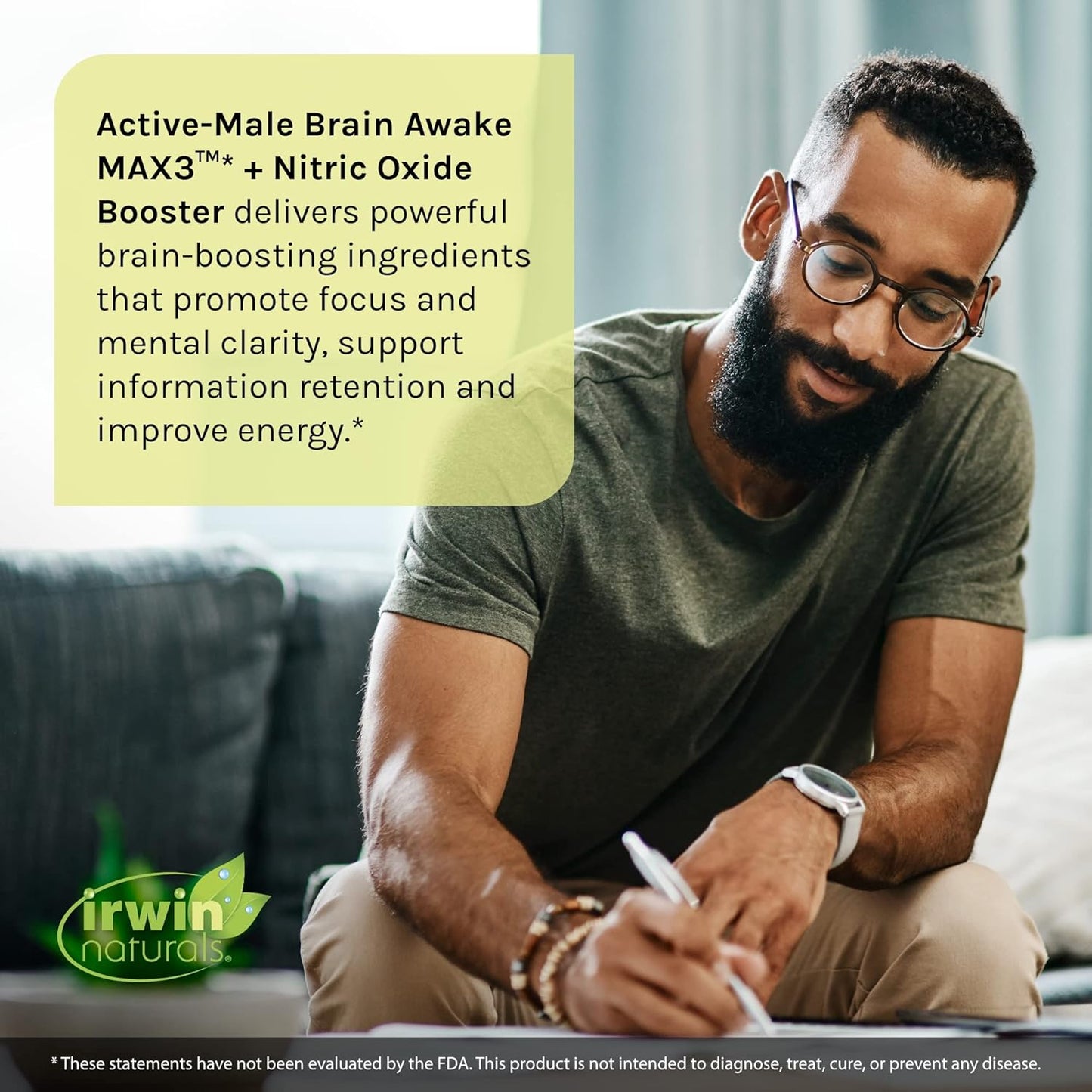 Irwin Naturals Brain Awake Max3 + Nitric Oxide Booster - 60 Count - Enhance Brain Health & Performance - 20 Servings