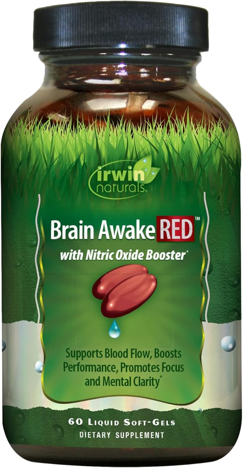 Irwin Naturals Brain Awake RED Liquid Soft-Gels - Enhanced with Nitric Oxide Booster for Brain Health - 60 Count