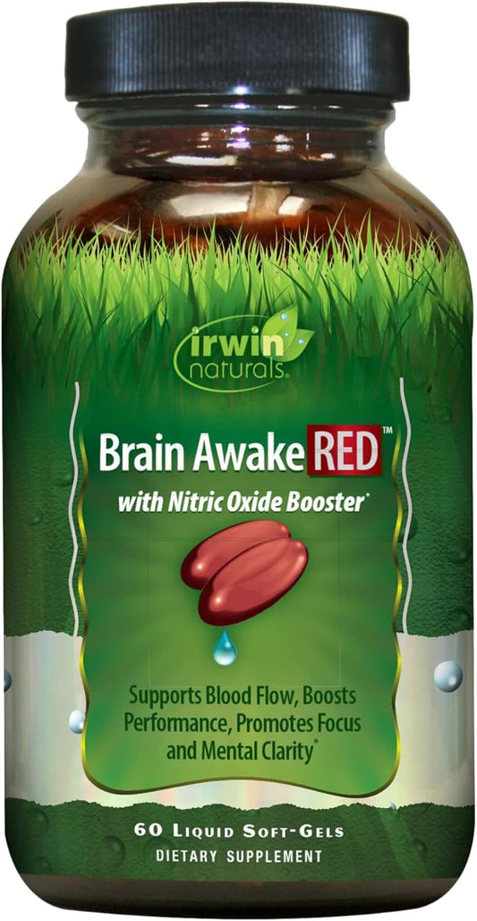 Irwin Naturals Brain Awake RED Liquid Soft-Gels - Enhanced with Nitric Oxide Booster for Brain Health - 60 Count