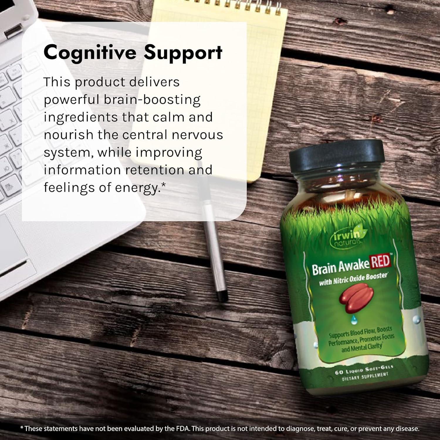 Irwin Naturals Brain Awake RED Liquid Soft-Gels - Enhanced with Nitric Oxide Booster for Brain Health - 60 Count