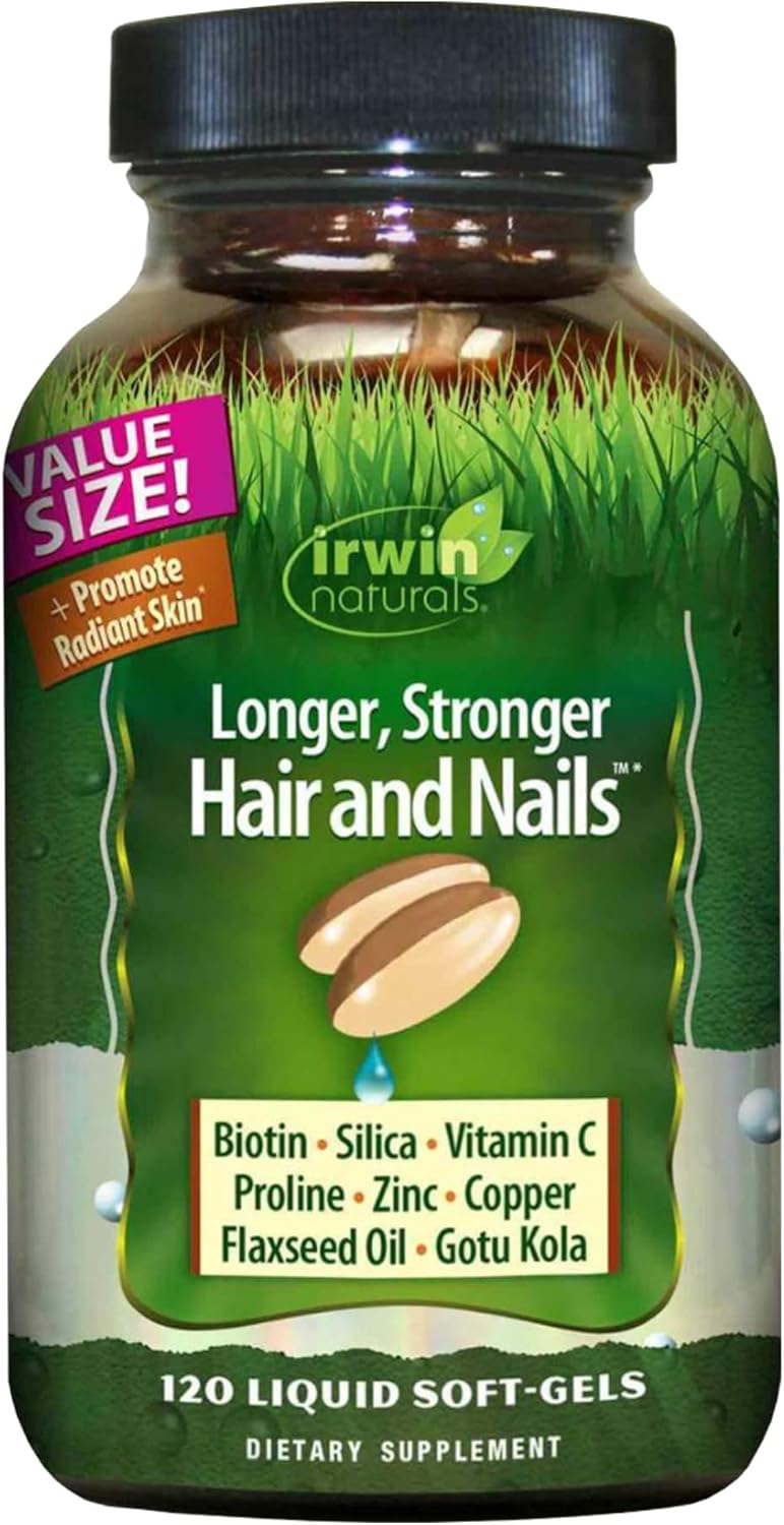 Irwin Naturals Hair and Nails Liquid Softgels - Promotes Stronger, Longer Hair with Enhanced Shine and Texture - 60 Servings