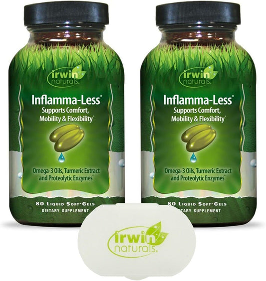 Irwin Naturals Inflamma-Less Liquid Softgels - 2-Pack Bundle for Comfort, Mobility, and Flexibility with Pill Case Included