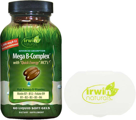 Irwin Naturals Mega B Complex Softgels with Quick Energy MCT's - 60 Count Bundle with Pill Case