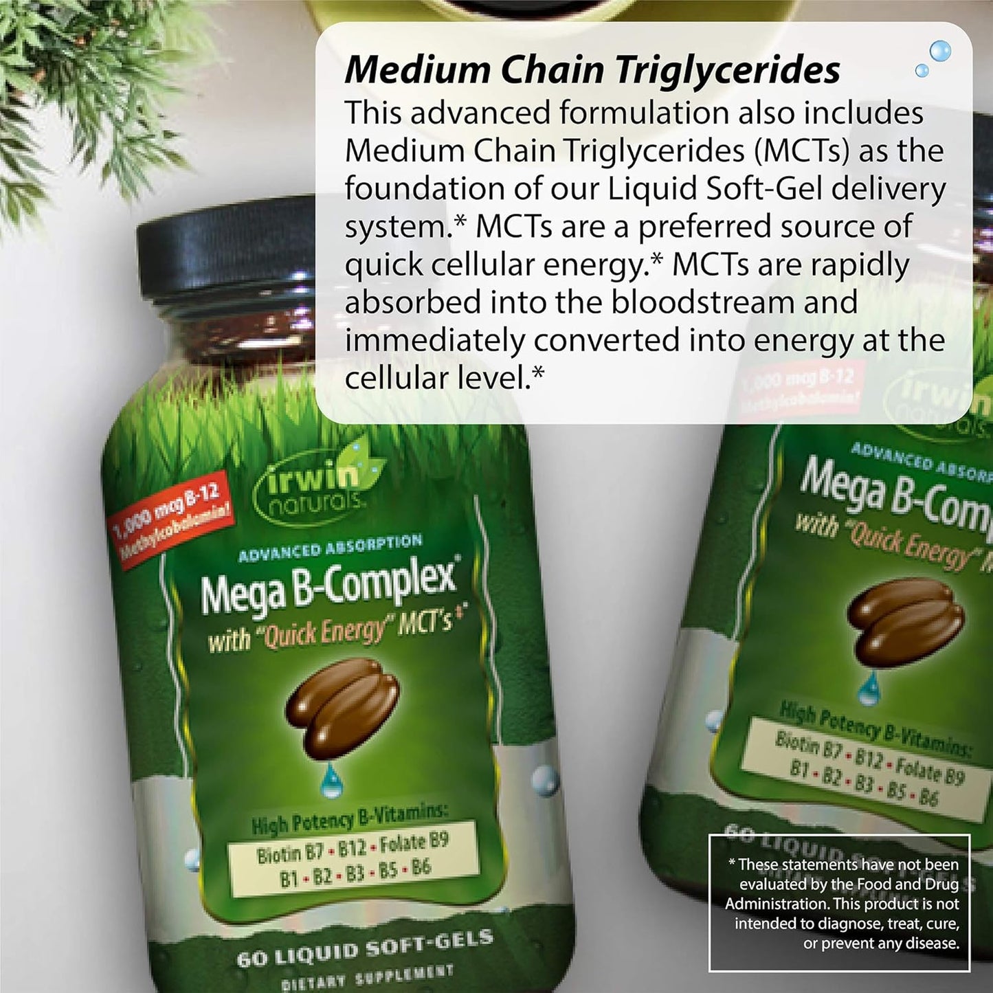 Irwin Naturals Mega B Complex Softgels with Quick Energy MCT's - 60 Count Bundle with Pill Case