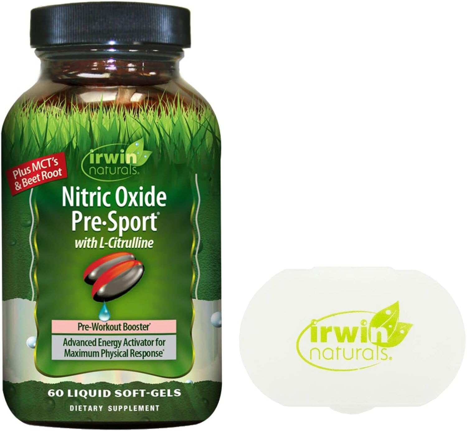 Irwin Naturals Nitric Oxide Pre Sport Supplement with L-Citrulline - 60 Liquid Softgels + Pill Case