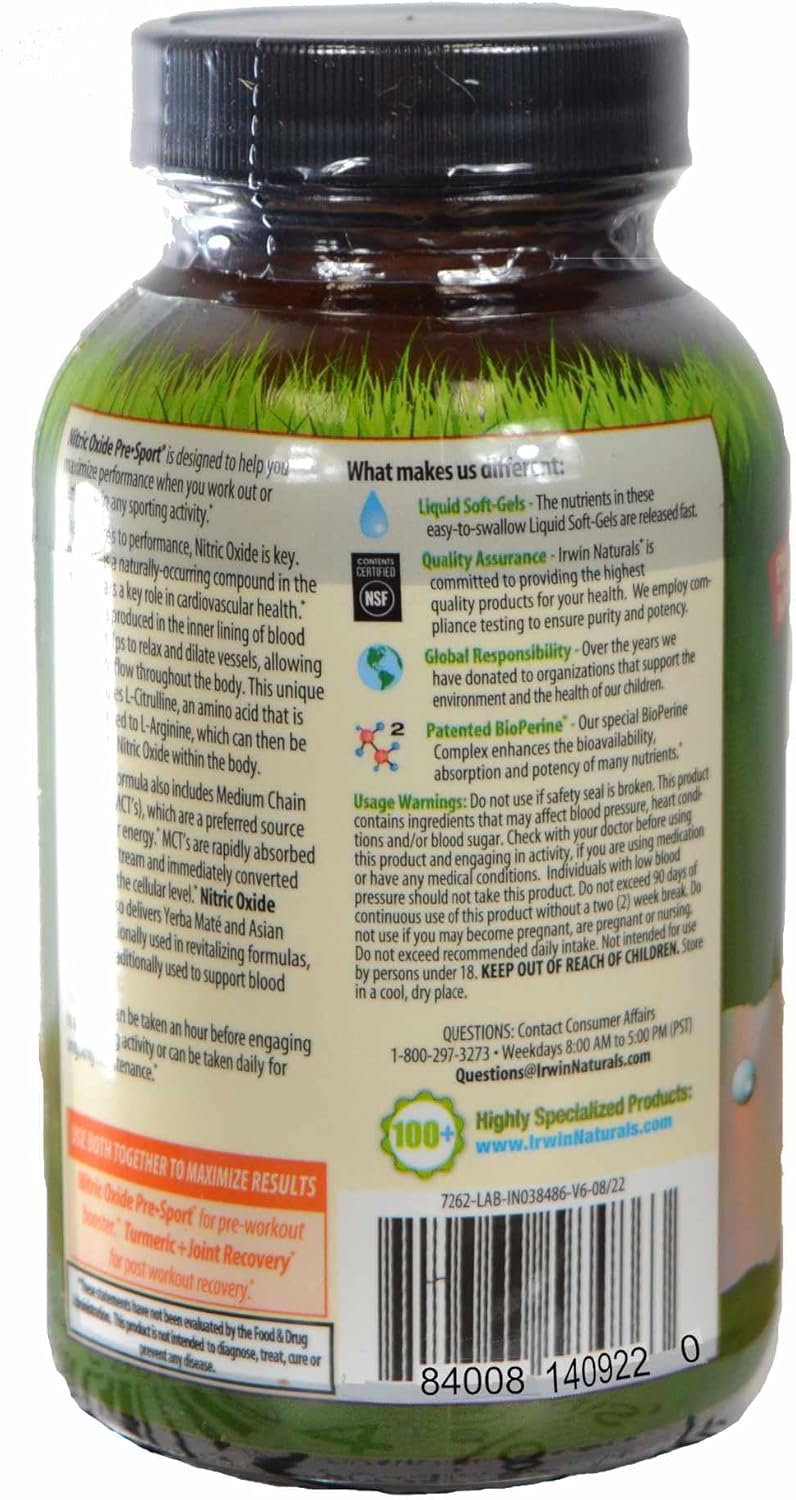 Irwin Naturals Nitric Oxide Pre Sport Supplement with L-Citrulline - 60 Liquid Softgels + Pill Case