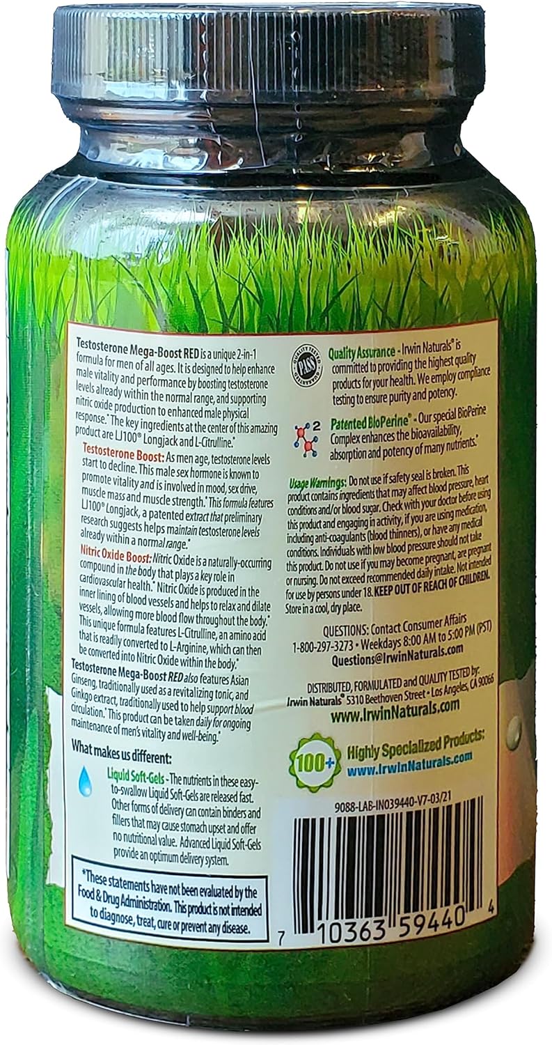 Irwin Naturals Testosterone Mega Boost Red 68 Softgels - Supports Healthy Testosterone Levels, Energy, and Performance