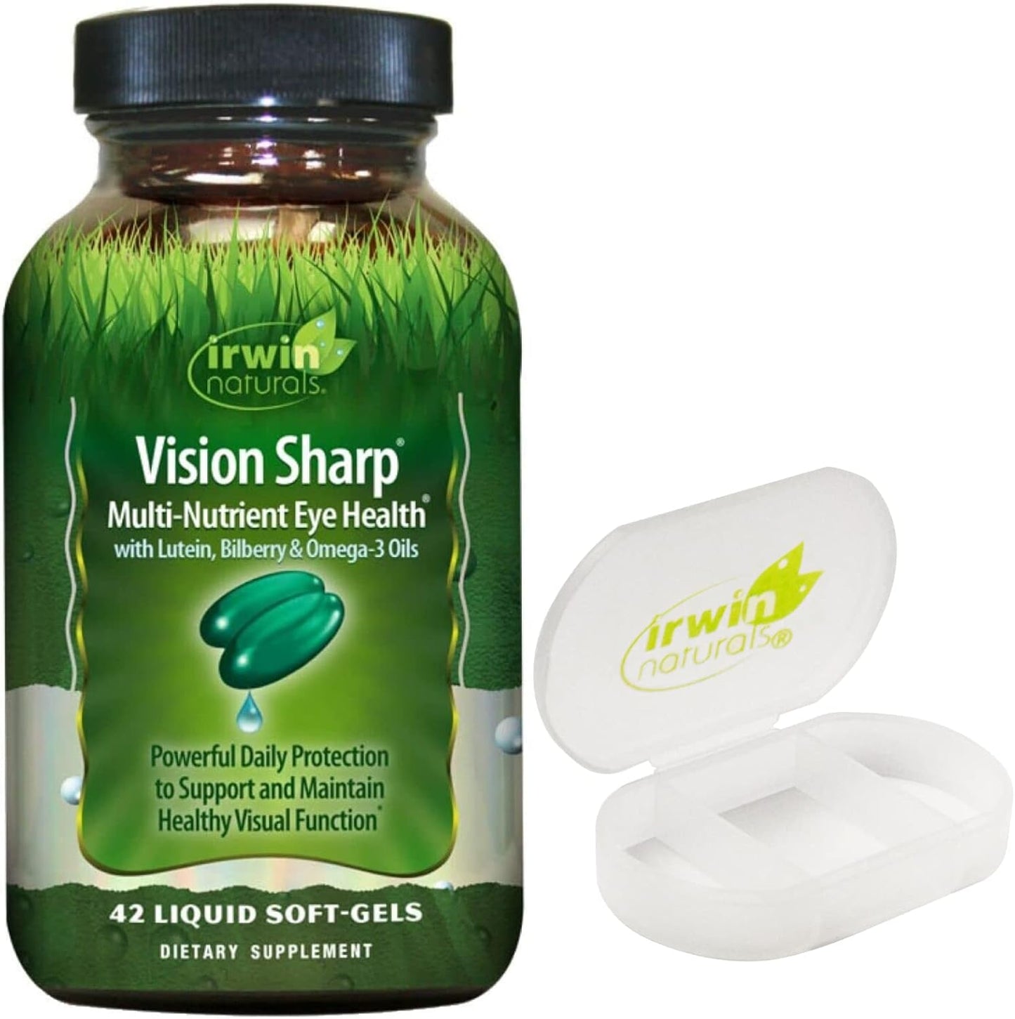 Irwin Naturals Vision Sharp Eye Health Supplement Bundle - 42 Liquid Softgels + Pill Case for Multi-Nutrient Support