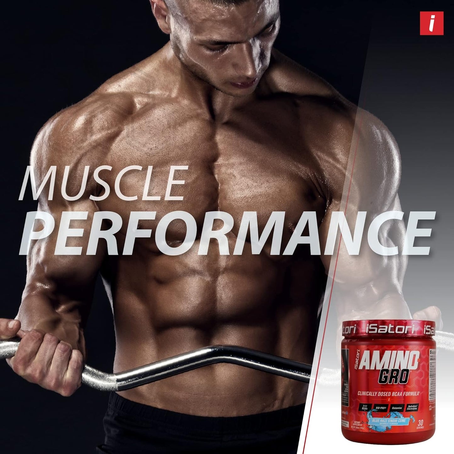 iSatori Amino-GRO BCAA Powder: Muscle Growth & Recovery Supplement, Blue Razz Snow Cone Flavor, 30 Servings