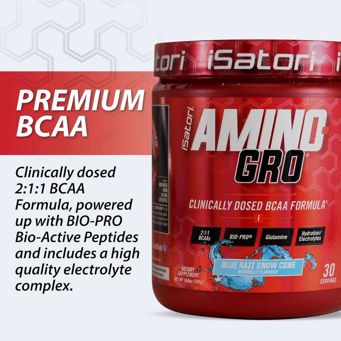 iSatori Amino-GRO BCAA Powder: Muscle Growth & Recovery Supplement, Blue Razz Snow Cone Flavor, 30 Servings