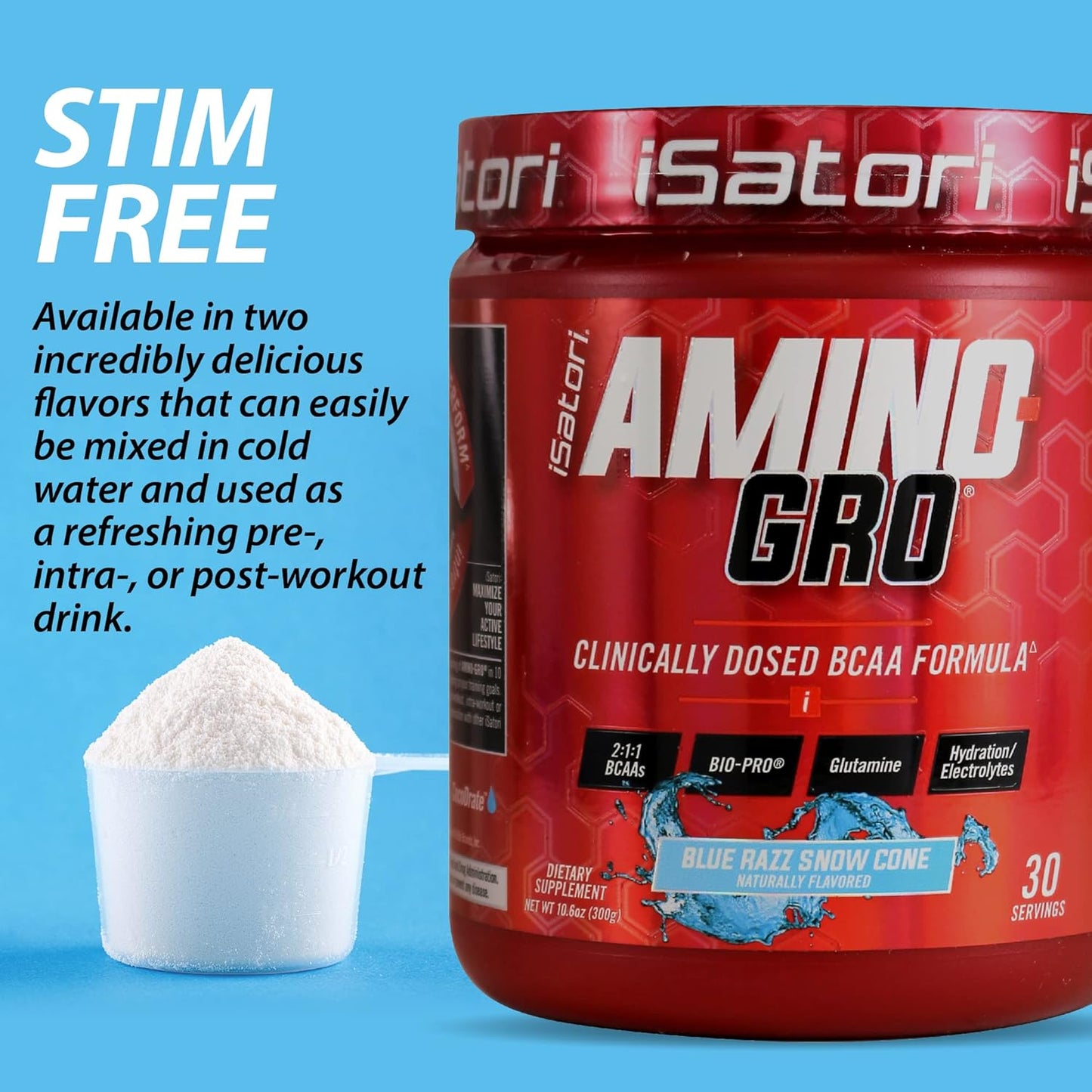 iSatori Amino-GRO BCAA Powder: Muscle Growth & Recovery Supplement, Blue Razz Snow Cone Flavor, 30 Servings