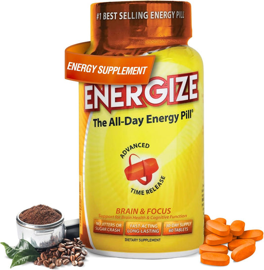 iSatori Energize Brain & Focus Caffeine Pills - All Day Energy Booster with Time Release Caffeine for Enhanced Focus and Performance (60 Tablets)