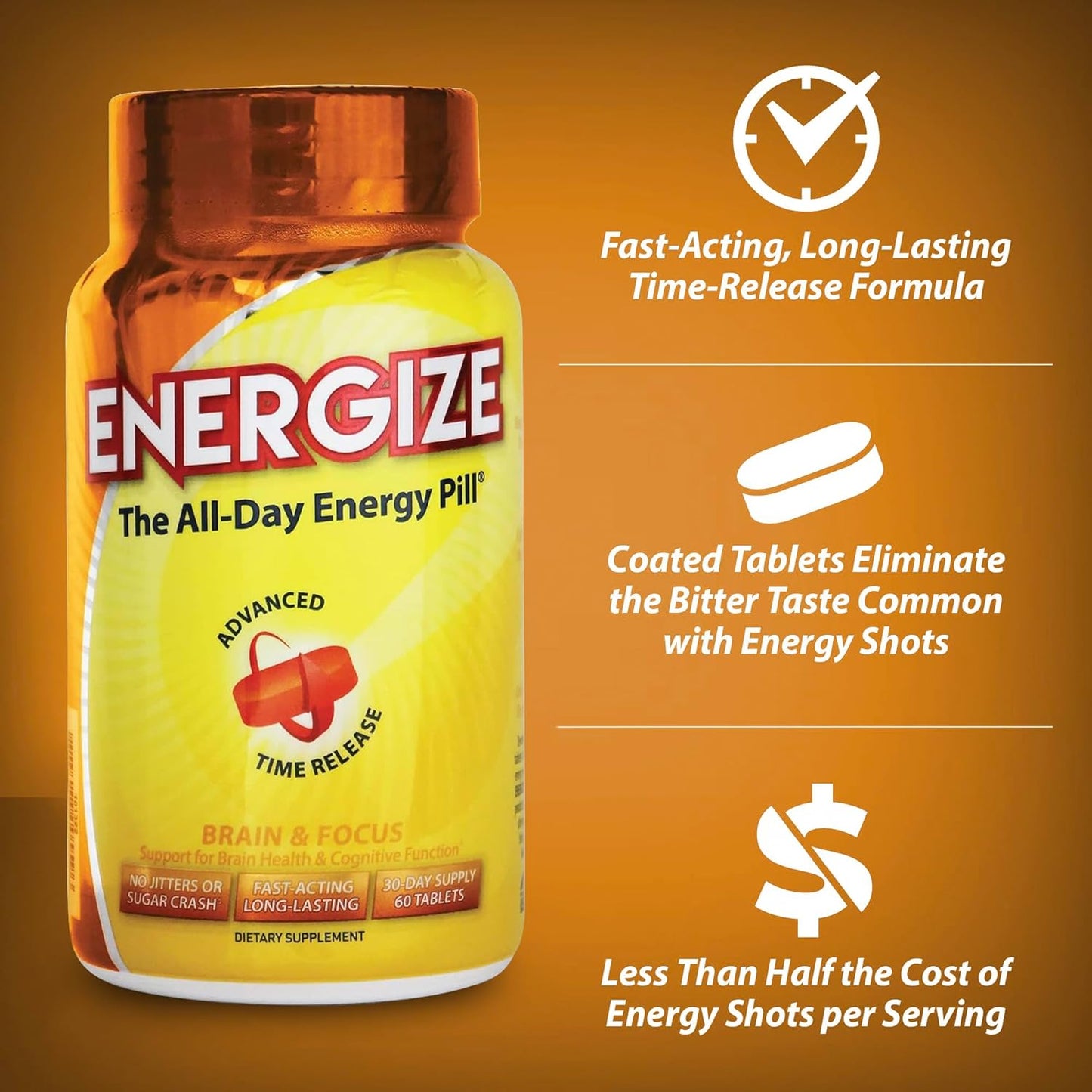 iSatori Energize Brain & Focus Caffeine Pills - All Day Energy Booster with Time Release Caffeine for Enhanced Focus and Performance (60 Tablets)