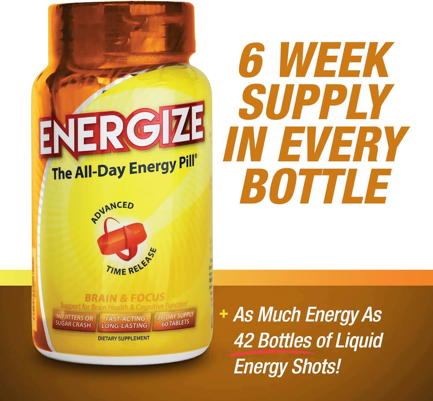 iSatori Energize Brain & Focus Caffeine Pills - All Day Energy Booster with Time Release Caffeine for Enhanced Focus and Performance (60 Tablets)