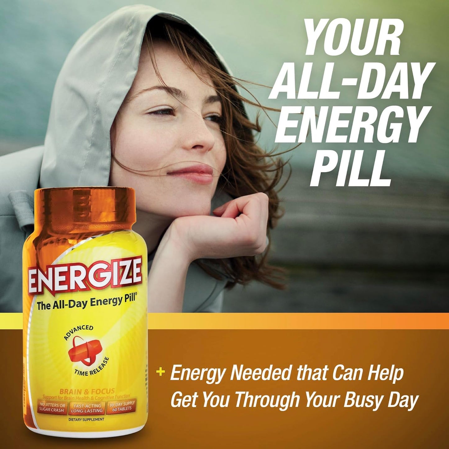 iSatori Energize Brain & Focus Caffeine Pills - All Day Energy Booster with Time Release Caffeine for Enhanced Focus and Performance (60 Tablets)