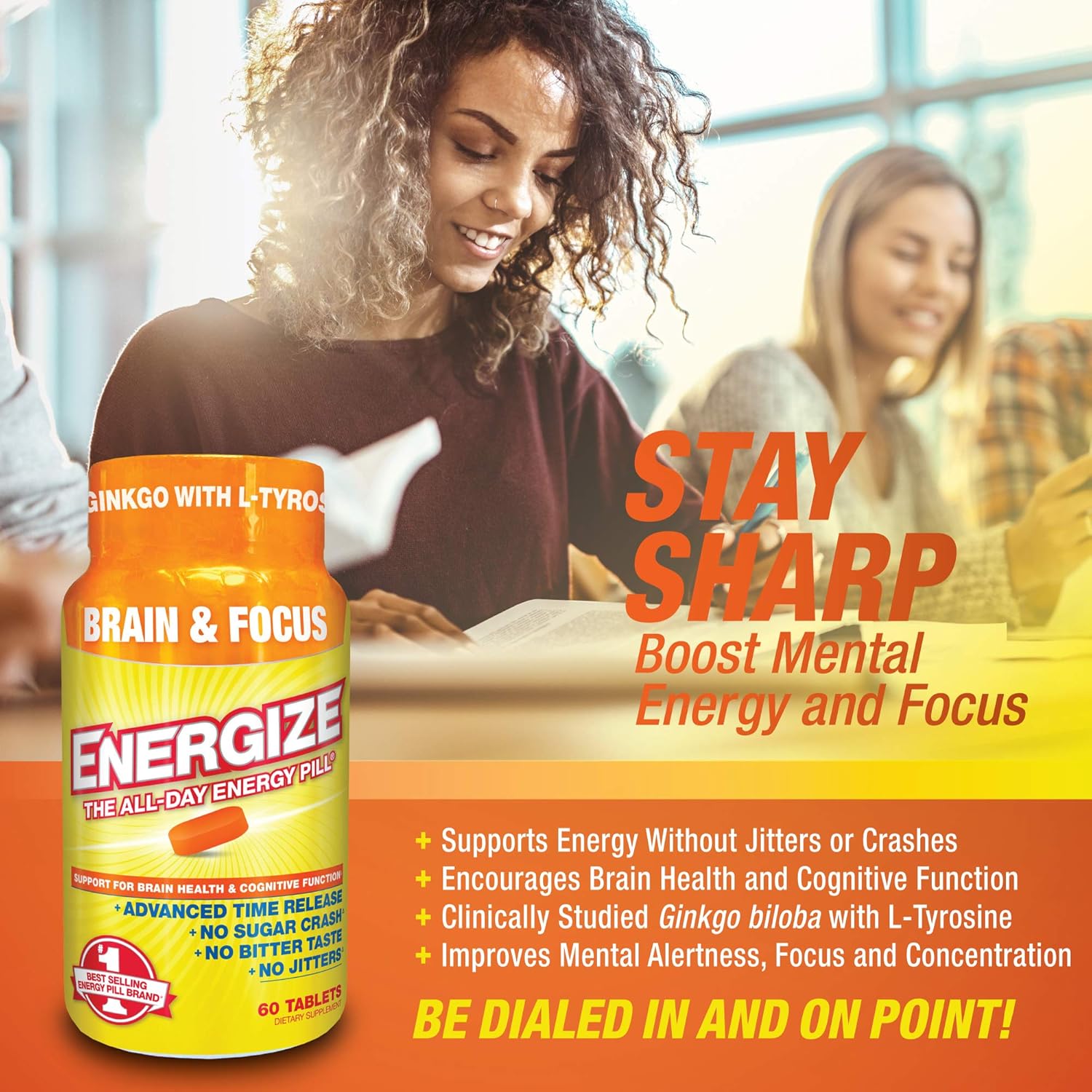 iSatori Energize Brain & Focus Caffeine Pills - All Day Energy Booster with Time Release Caffeine for Enhanced Focus and Performance (60 Tablets)