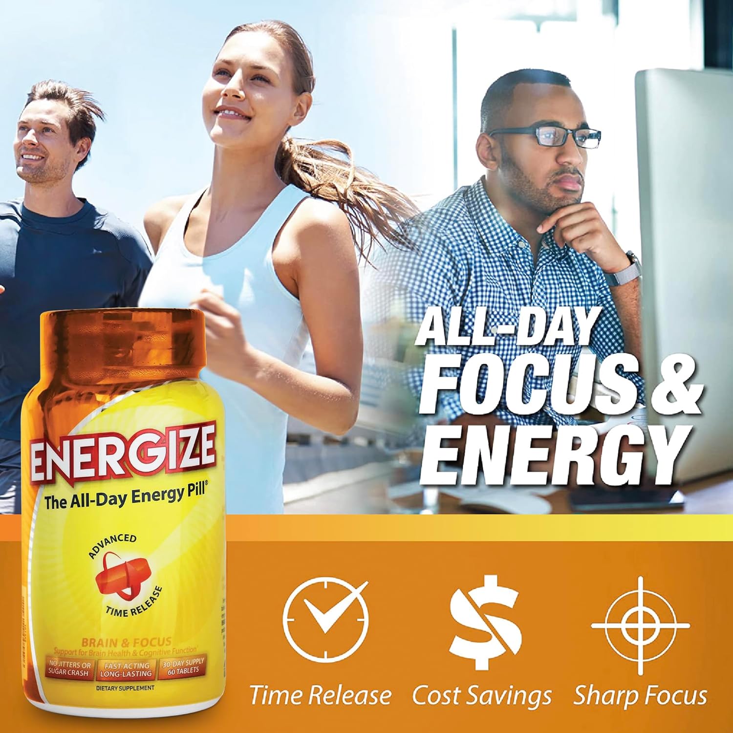 iSatori Energize Brain & Focus Caffeine Pills - All Day Energy Booster with Time Release Caffeine for Enhanced Focus and Performance (60 Tablets)