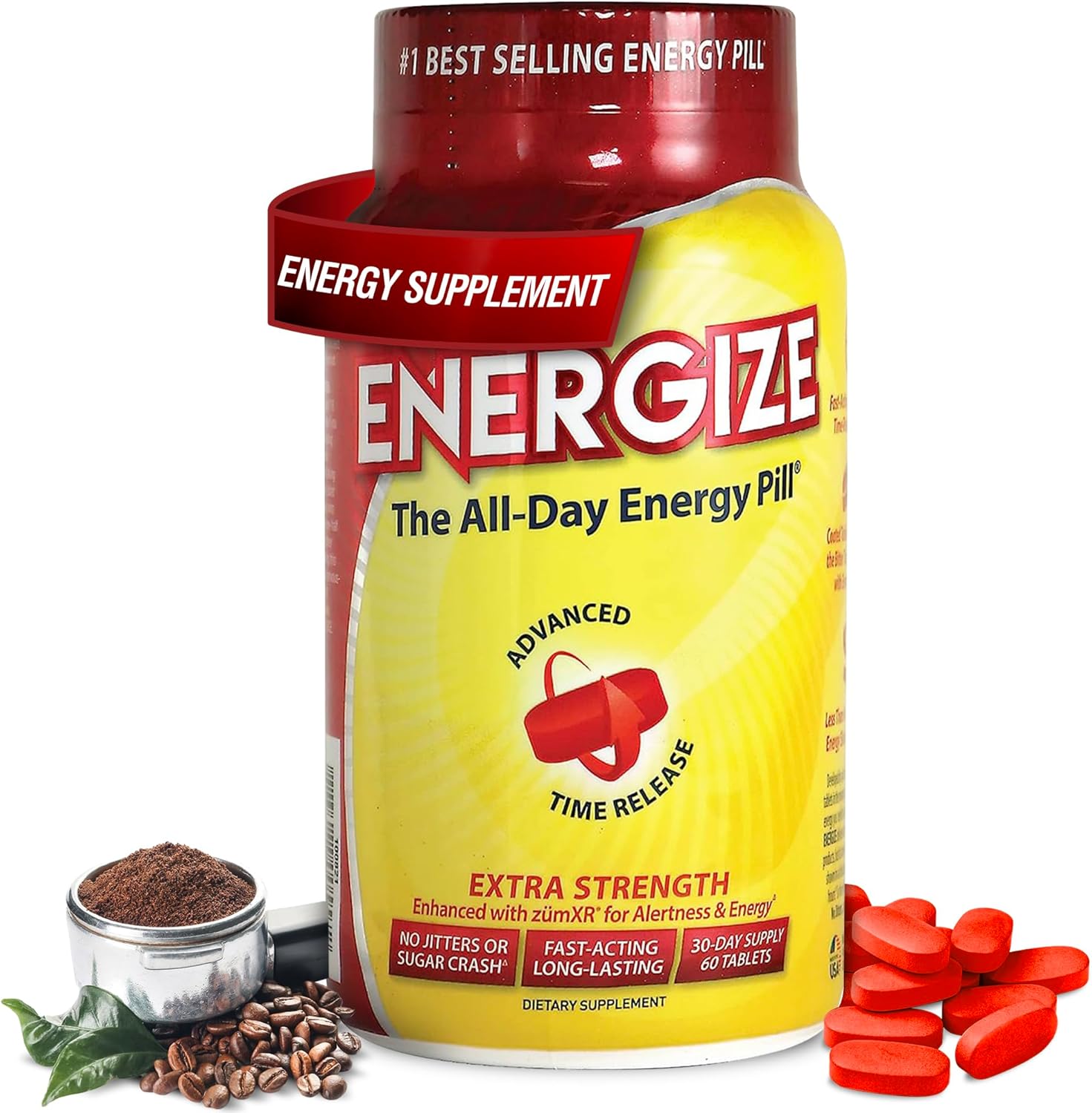 iSatori Energize Extra Strength Caffeine Pills - Long-Lasting Energy with Extended Release - Improved Clarity & Support for Men & Women - No Jitters, No Crash - 60 Tablets