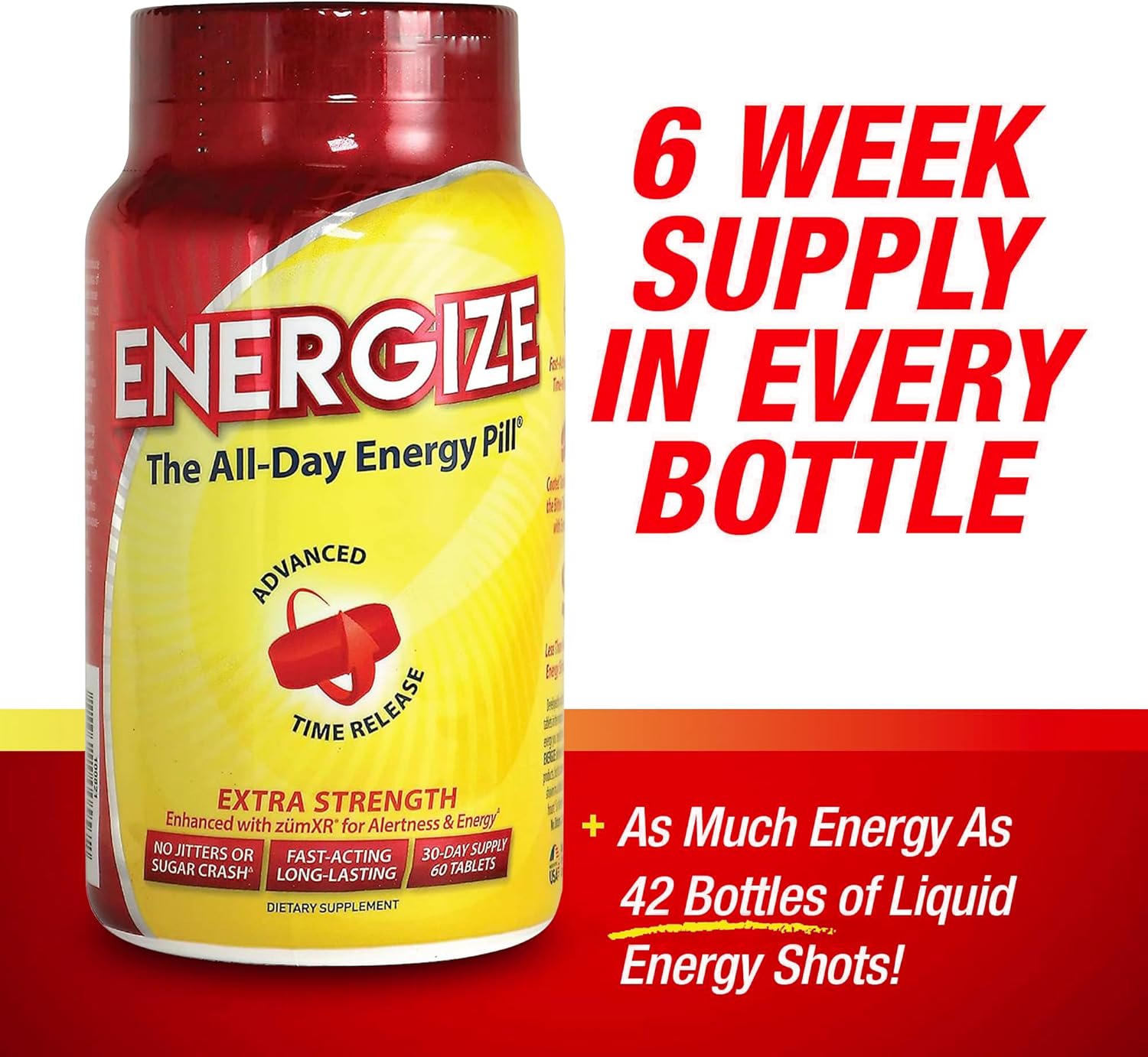 iSatori Energize Extra Strength Caffeine Pills - Long-Lasting Energy with Extended Release - Improved Clarity & Support for Men & Women - No Jitters, No Crash - 60 Tablets