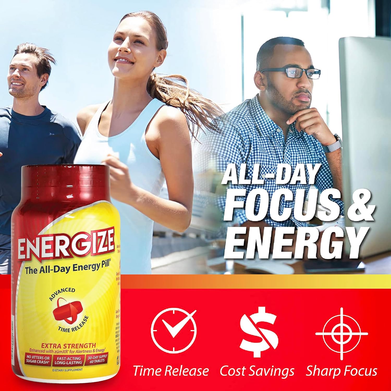 iSatori Energize Extra Strength Caffeine Pills - Long-Lasting Energy with Extended Release - Improved Clarity & Support for Men & Women - No Jitters, No Crash - 60 Tablets