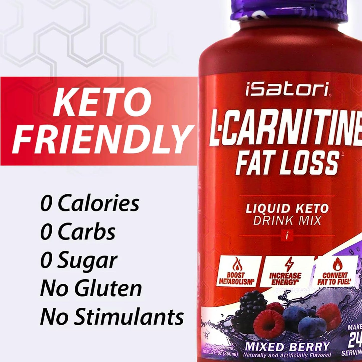 iSatori L-Carnitine 1500 Liquid Supplement - Triple Blend with Acetyl & Tartrate - Stimulant-Free Energy - Keto-Friendly - Mixed Berry Flavor - 24 Servings