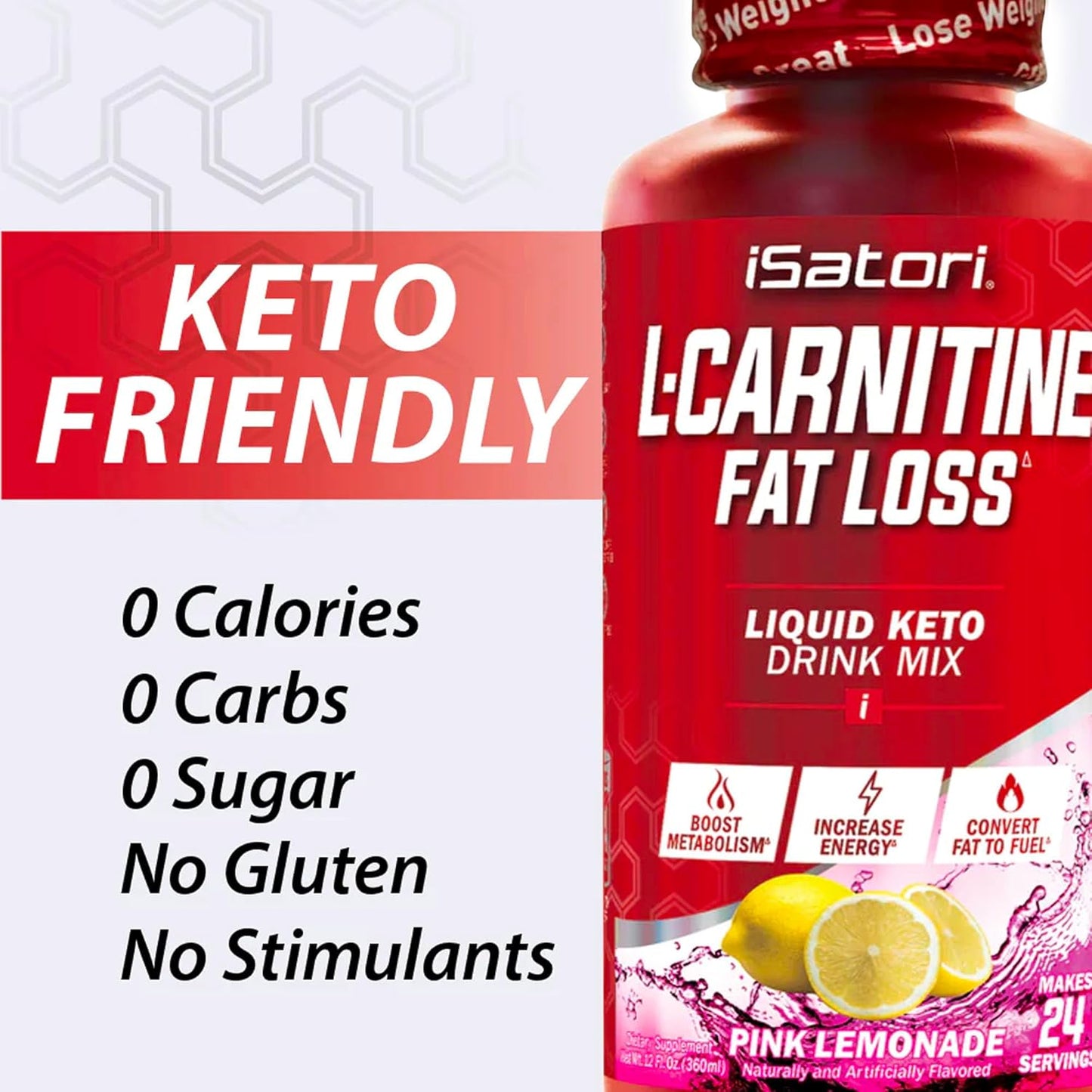 iSatori L-Carnitine 1500 Liquid Supplement - Triple Blend with Acetyl & Tartrate for Stimulant-Free Energy - Keto-Friendly Pink Lemonade Flavor (24 Servings)