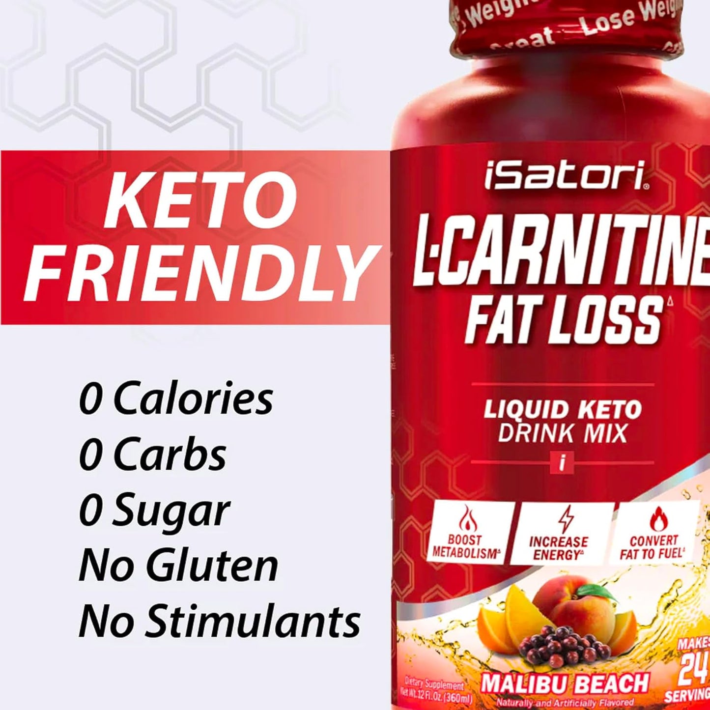 iSatori L-Carnitine 1500 Liquid Supplement for Stimulant-Free Energy, Keto-Friendly Malibu Beach Flavor, Triple-Blend with Acetyl & Tartrate - 24 Servings