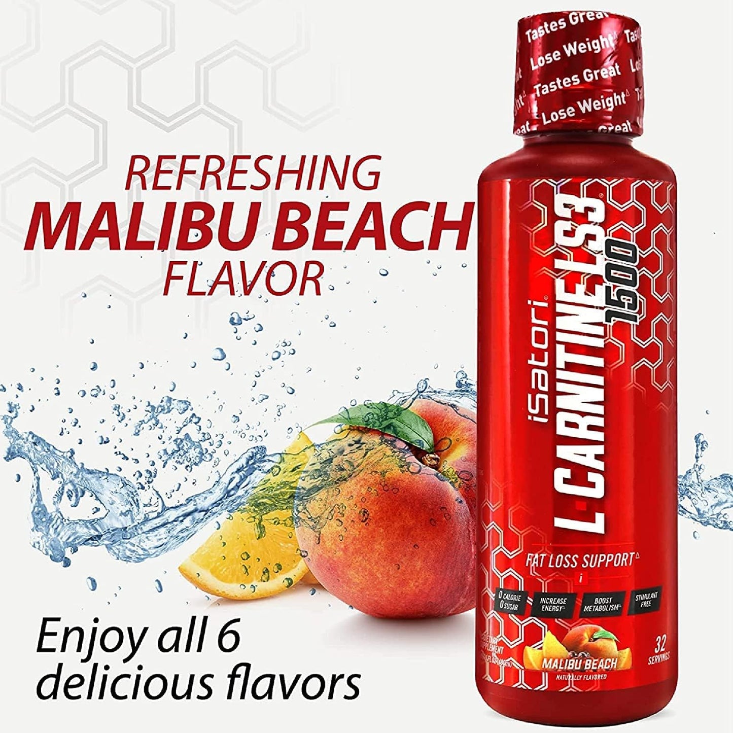 iSatori L-Carnitine LS3 1500 Liquid Supplement - Triple Blend with Acetyl & Tartrate - Sugar, Gluten, and Calorie Free - Keto Friendly - Malibu Beach Flavor - 32 Servings