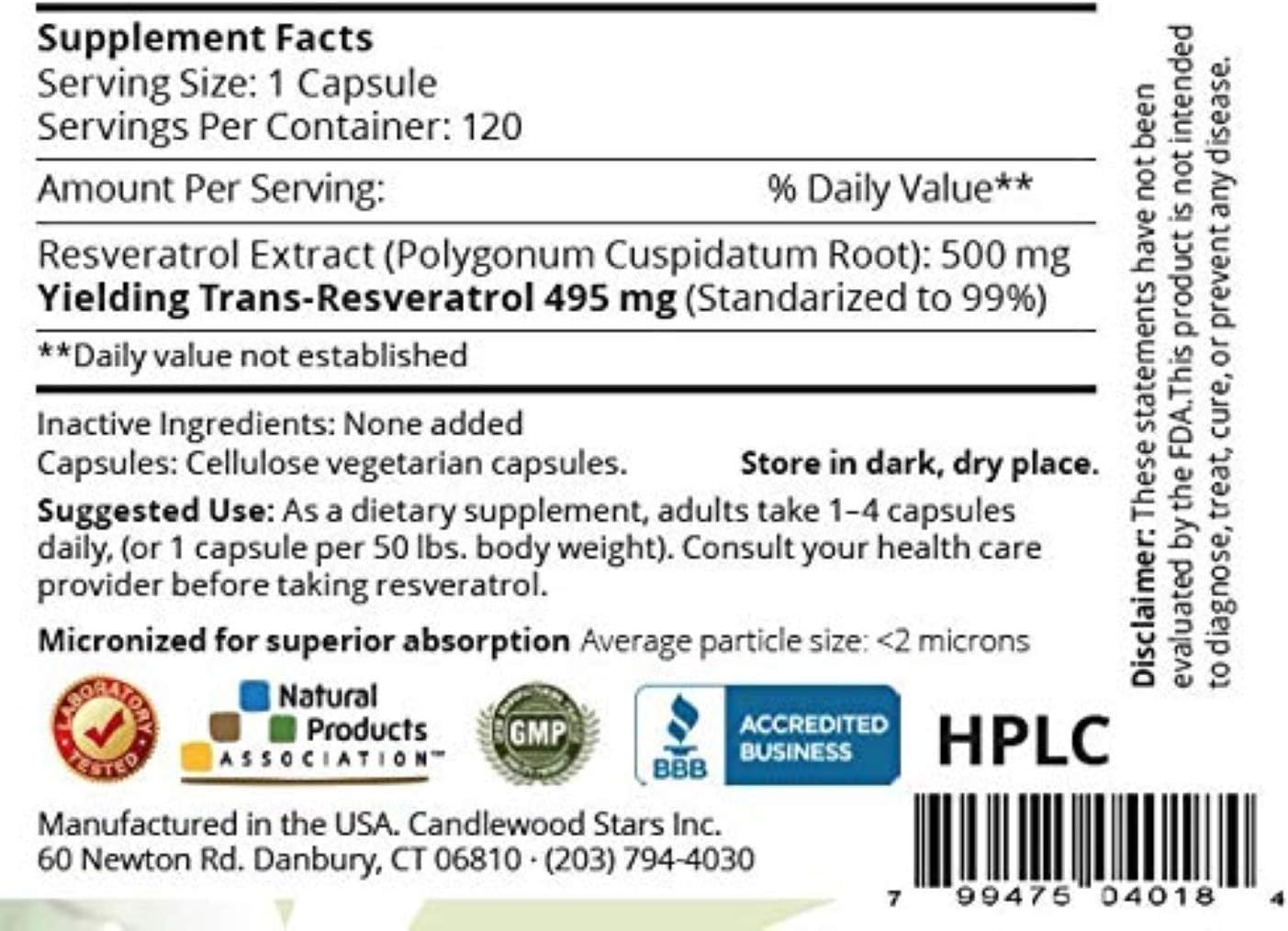 Isolate Trans-Resveratrol Capsules - 500mg, 120 Count, Pharmaceutical Grade, 99% Pure, Micronized, Purity Certified, No Fillers